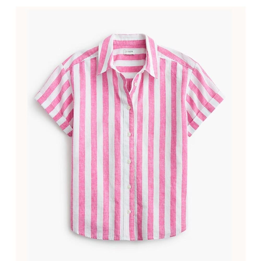 NWT JCrew Factory Pink Striped linen button-up shirt short-sleeve Womens XL
